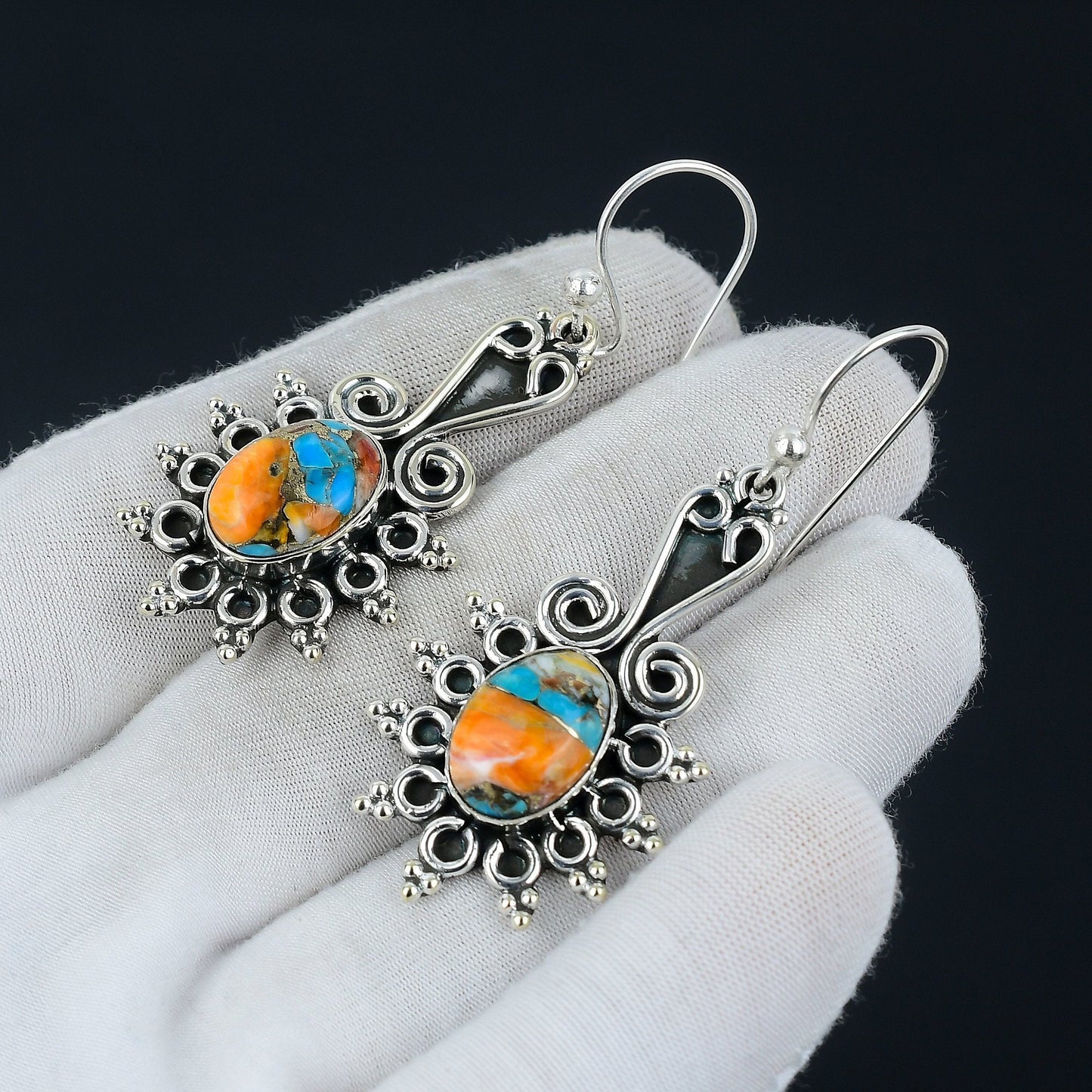 Orange Spiny Oyster Gemstone Earrings