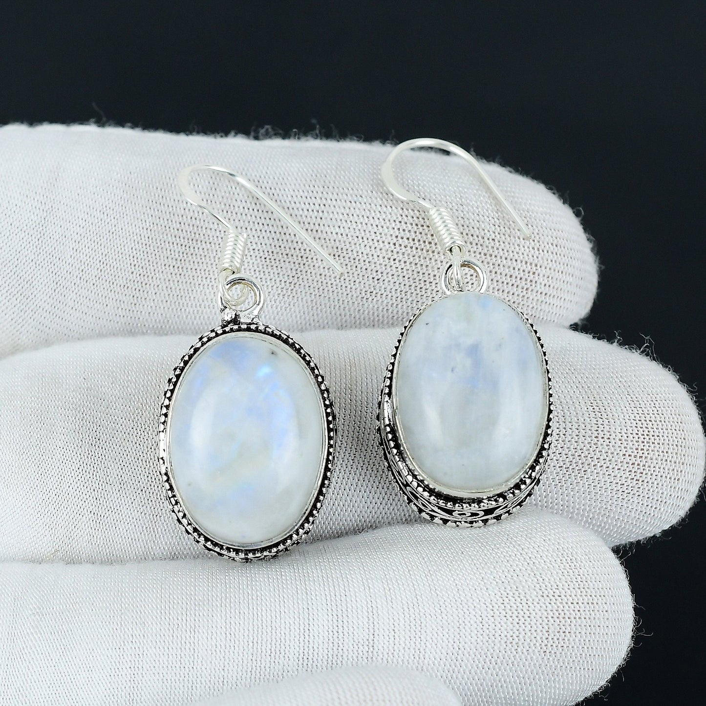 Rainbow Moonstone Gemstone Sterling Silver Earrings