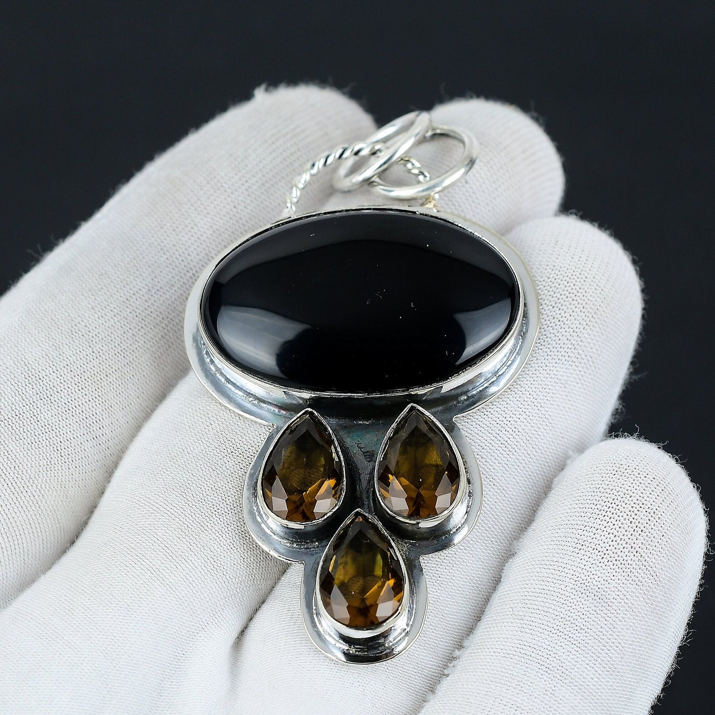 Black Onyx & Honey Topaz Gemstone Pendant