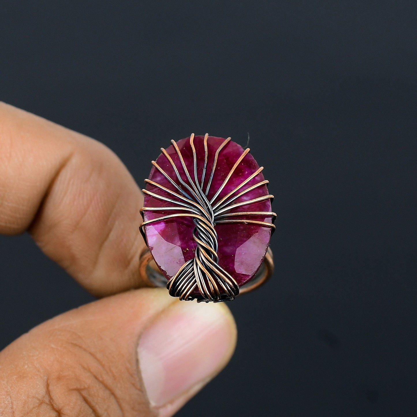 Red Ruby Gemstone Tree of Life Ring