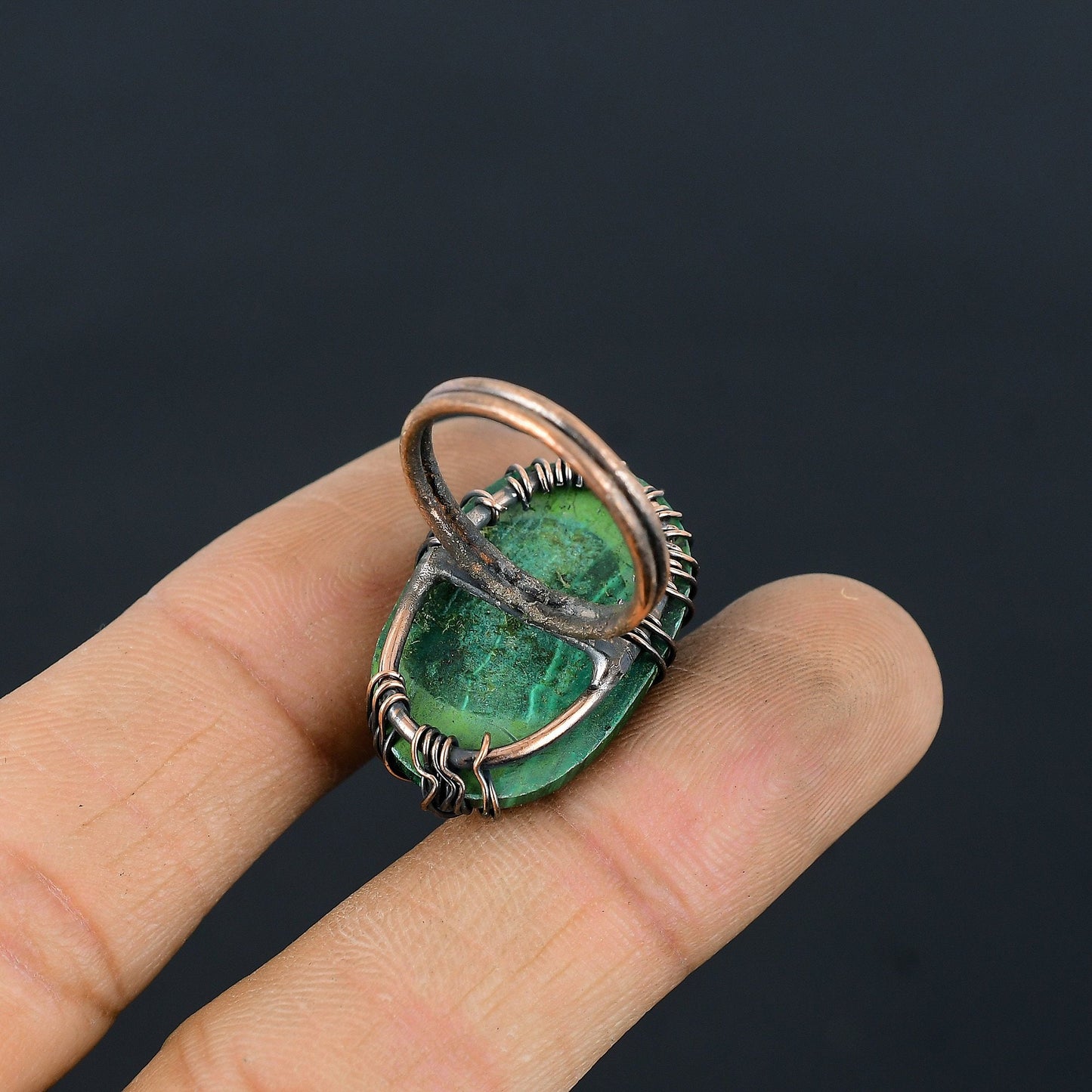 Green Malachite Gemstone Wire Wrapped Copper Ring