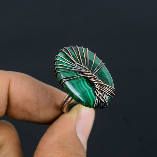 Green Malachite Gemstone Wire Wrapped Copper Ring