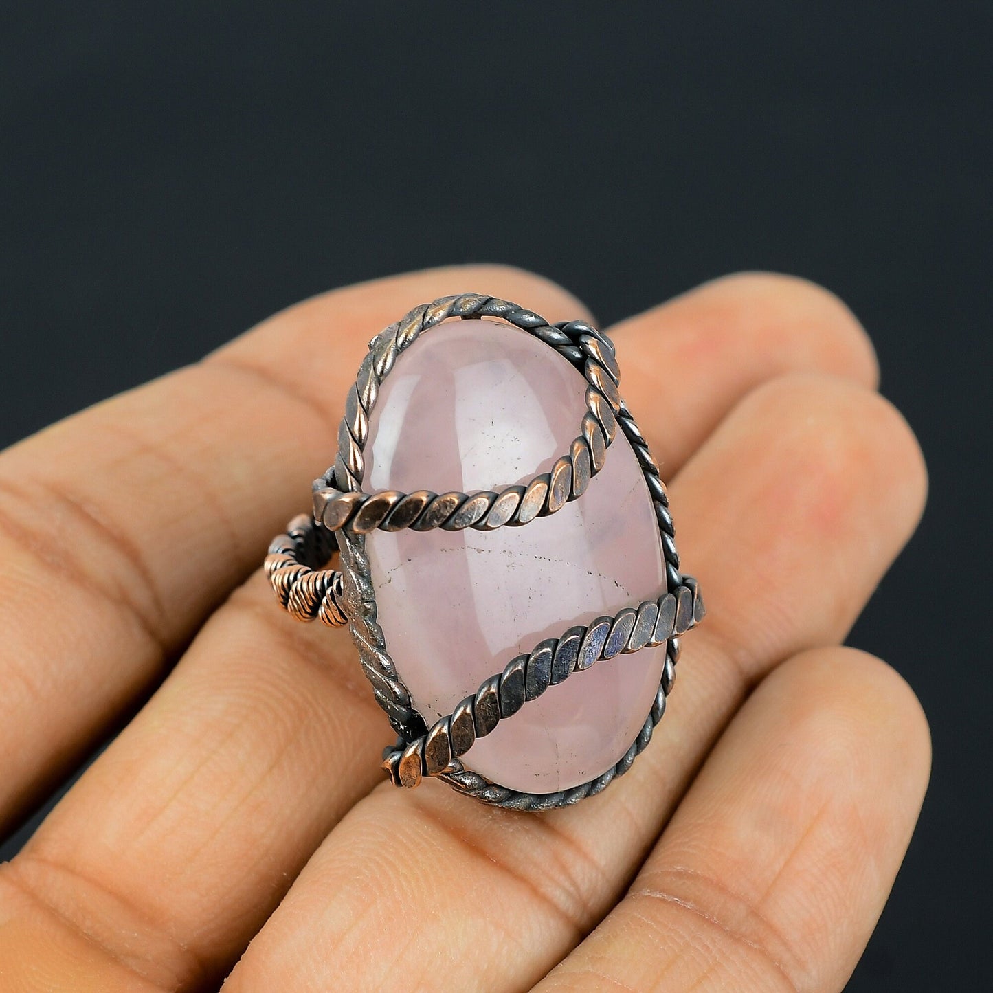 Pink Rose Quartz Gemstone Copper Ring