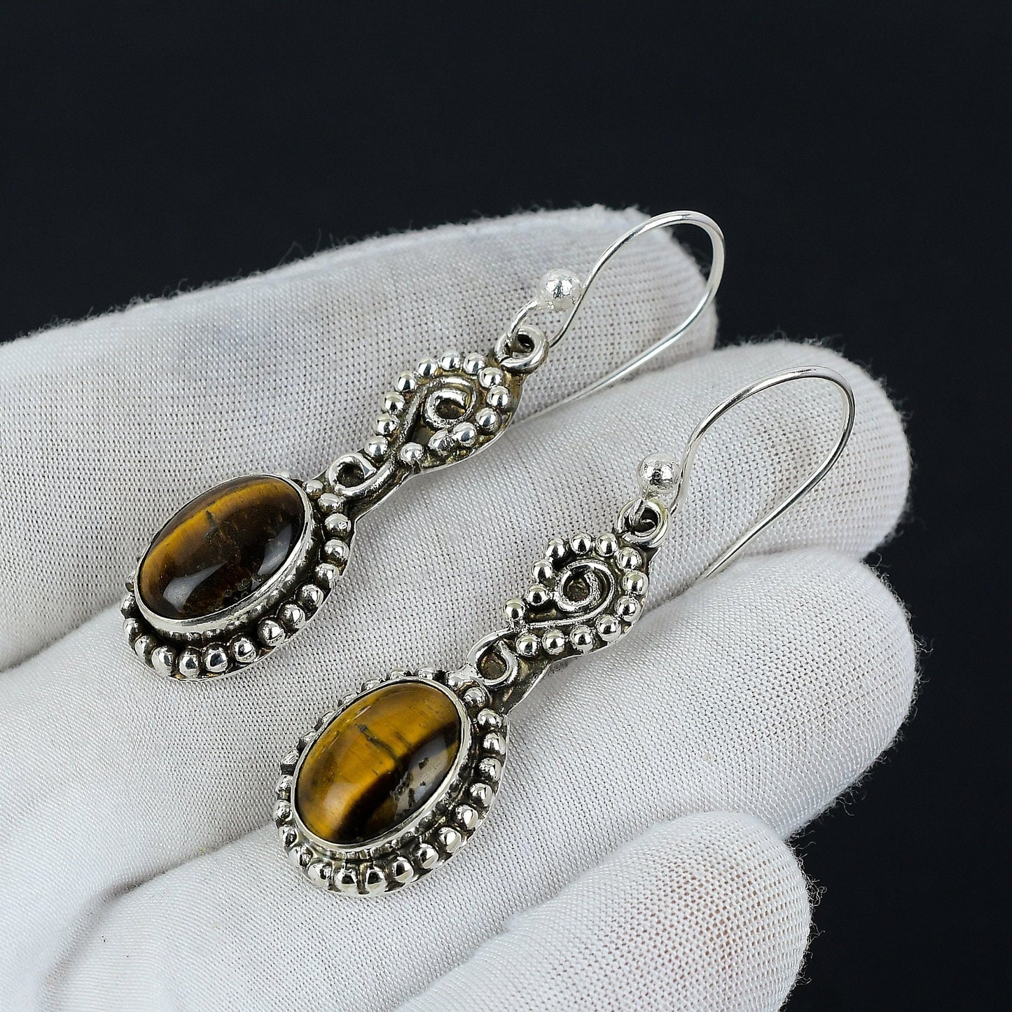 Brown Tiger Eye Gemstone Sterling Silver Earrings