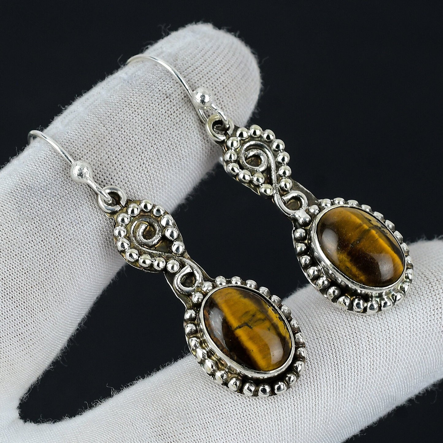 Brown Tiger Eye Gemstone Sterling Silver Earrings