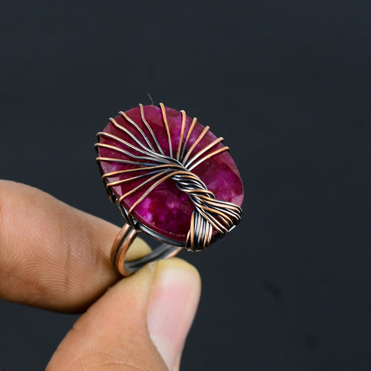 Red Ruby Gemstone Tree of Life Ring