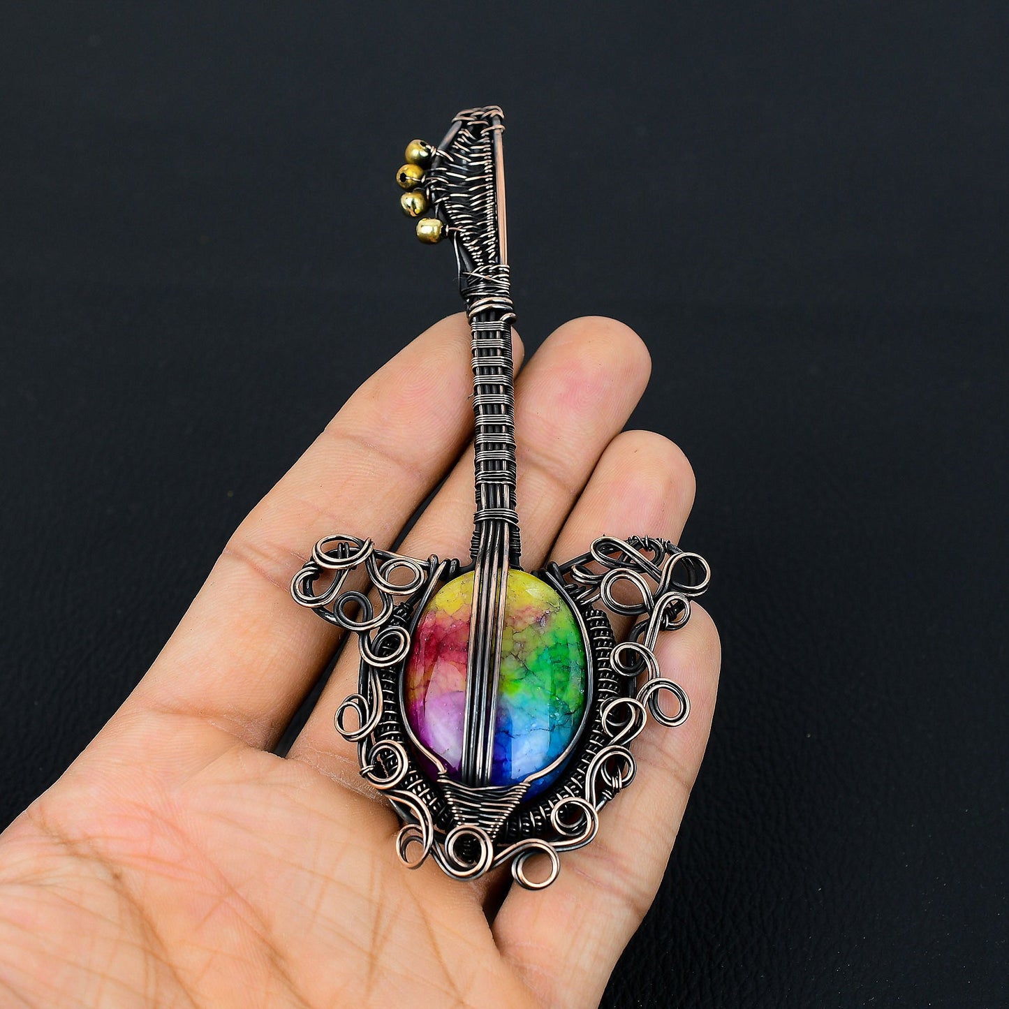 Rainbow Solar Quartz Gemstone Guitar Pendant