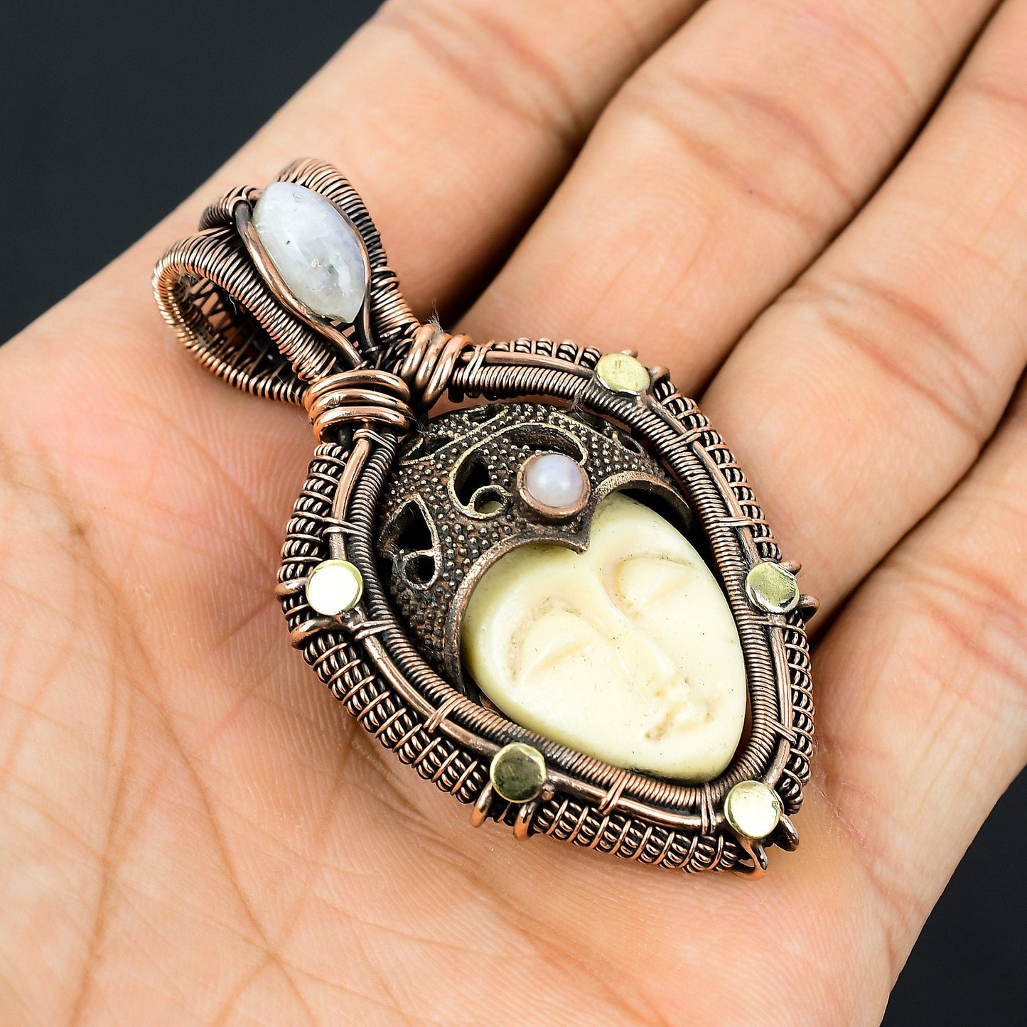White Carved Bone Face Gemstone Pendant