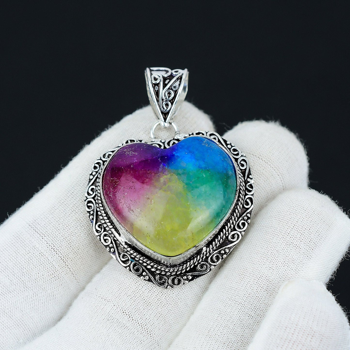 Rainbow Solar Quartz Heart Pendant