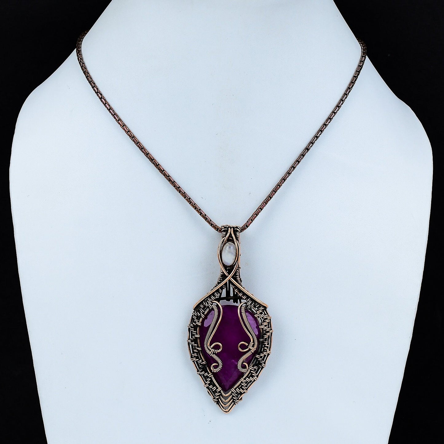 Red Ruby & White Moonstone Copper Gemstone Pendant
