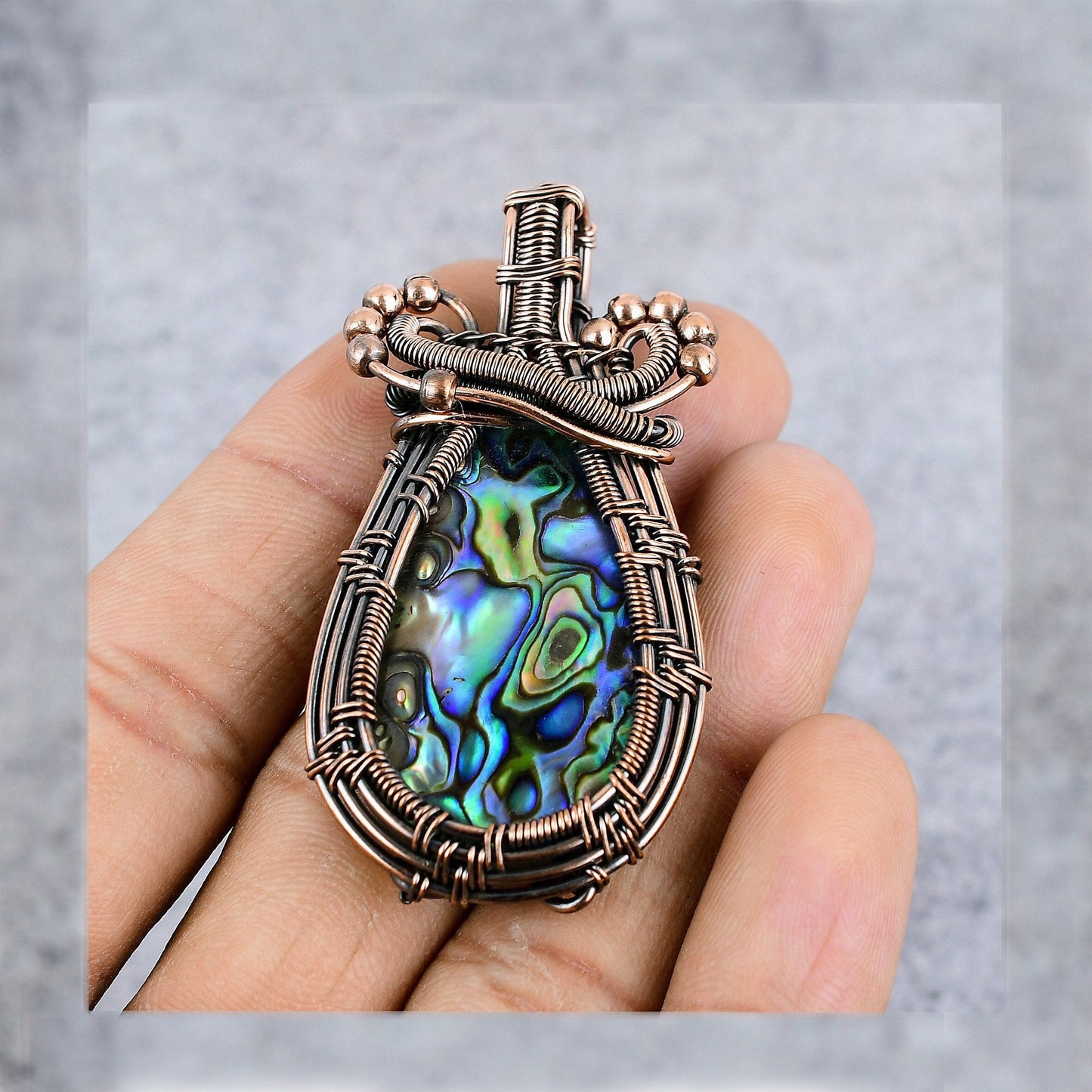 Iridescent Blue-Green Abalone Gemstone Copper Pendant