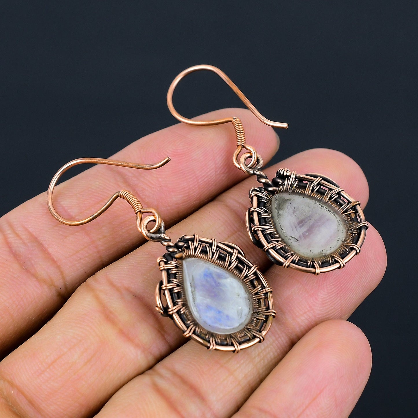 Rainbow Moonstone Gemstone Copper Dangle Earrings