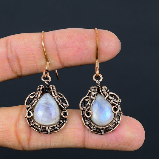 Rainbow Moonstone Gemstone Copper Dangle Earrings