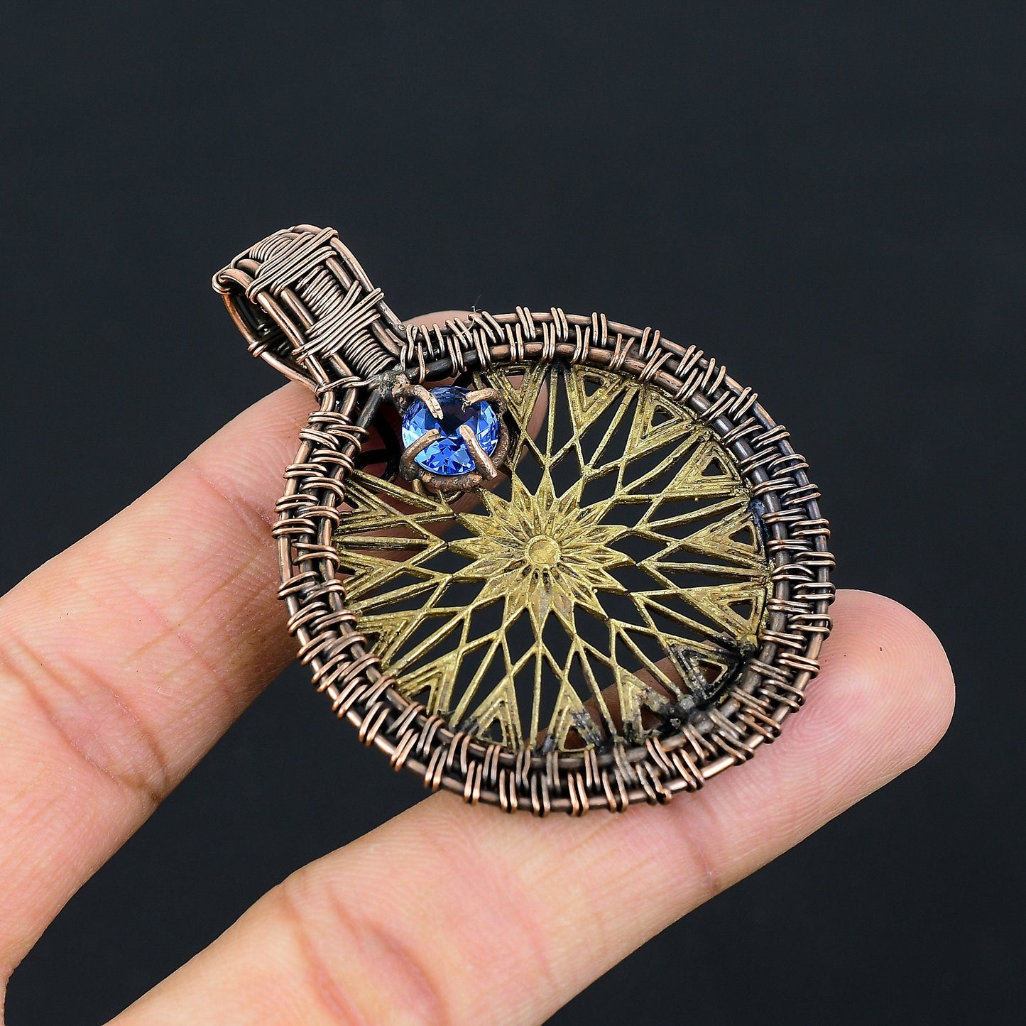 Two-Tone Copper Constellation Compass Gemstone Pendant