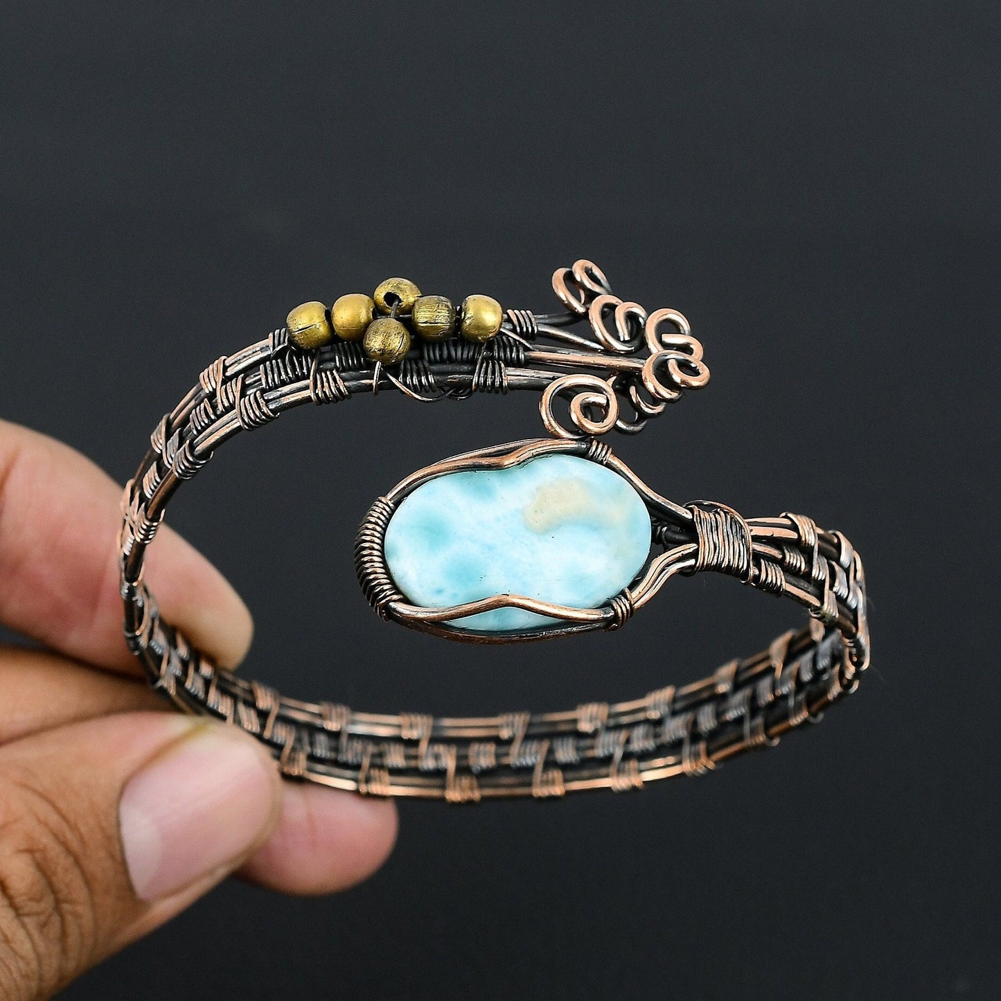 Blue Larimar Gemstone Copper Cuff Bracelet