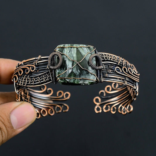 Green Seraphinite Gemstone Copper Cuff Bracelet