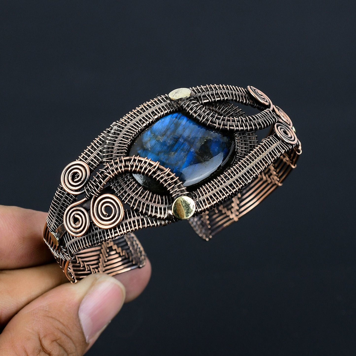 Blue Labradorite Gemstone Copper Cuff Bracelet