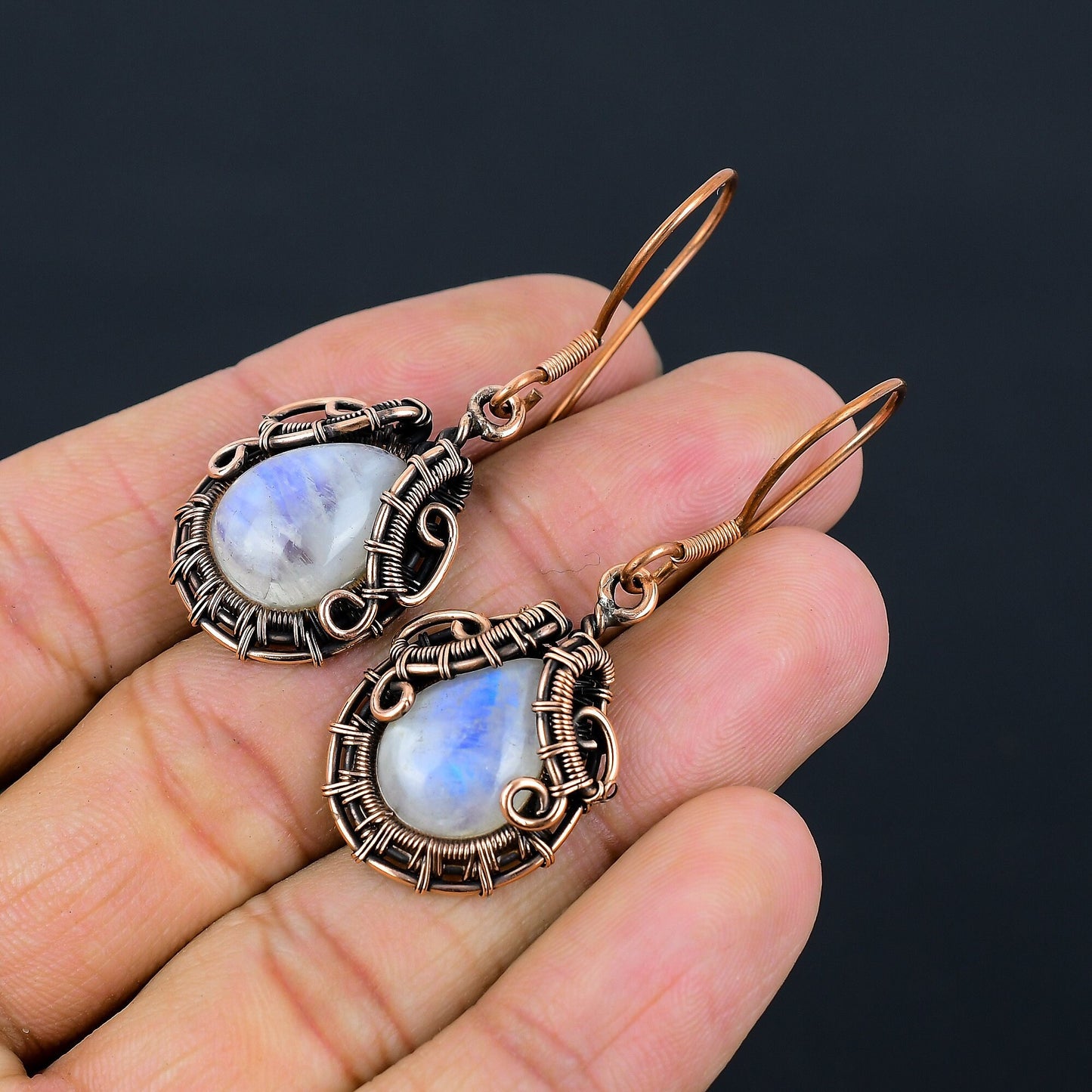 Rainbow Moonstone Gemstone Copper Dangle Earrings