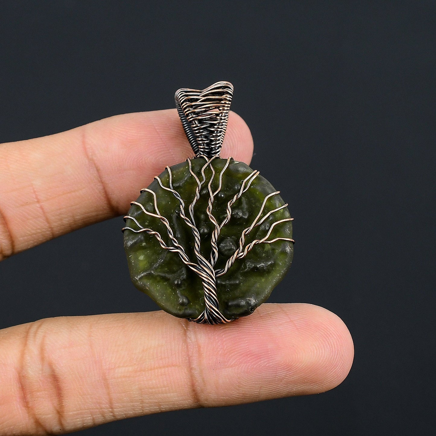 Green Moldavite Gemstone Tree of Life Pendant