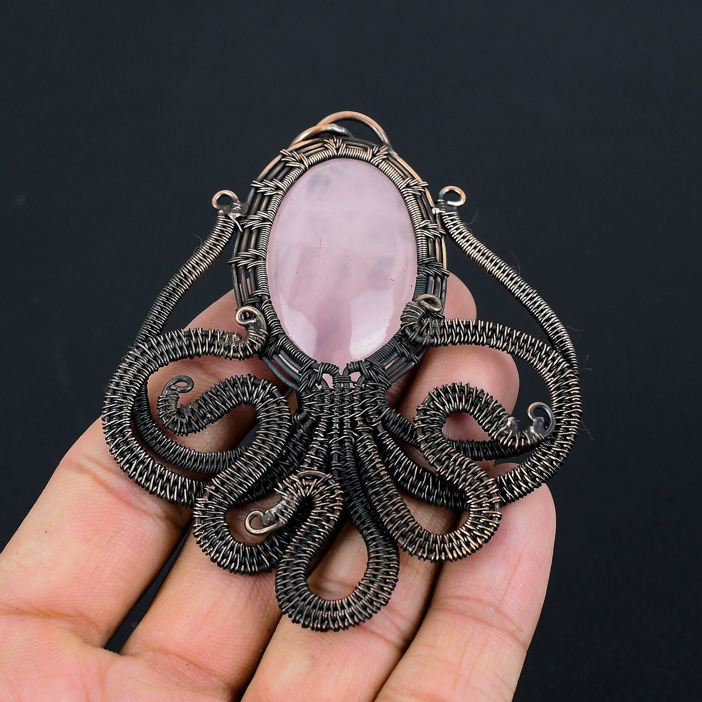 Pink Rose Quartz Gemstone Octopus Pendant