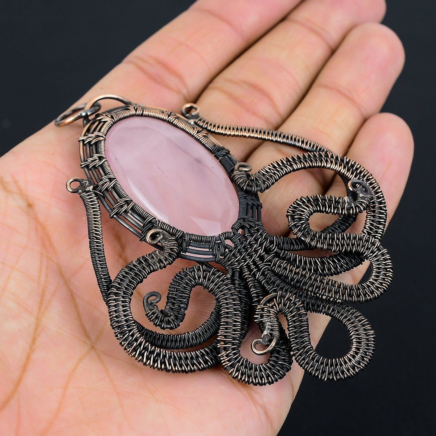 Pink Rose Quartz Gemstone Octopus Pendant