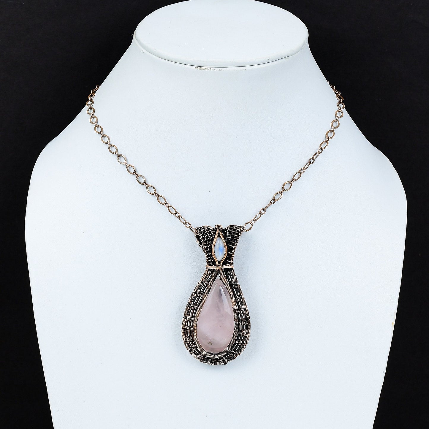Pink Rose Quartz & Moonstone Gemstone Copper Pendant