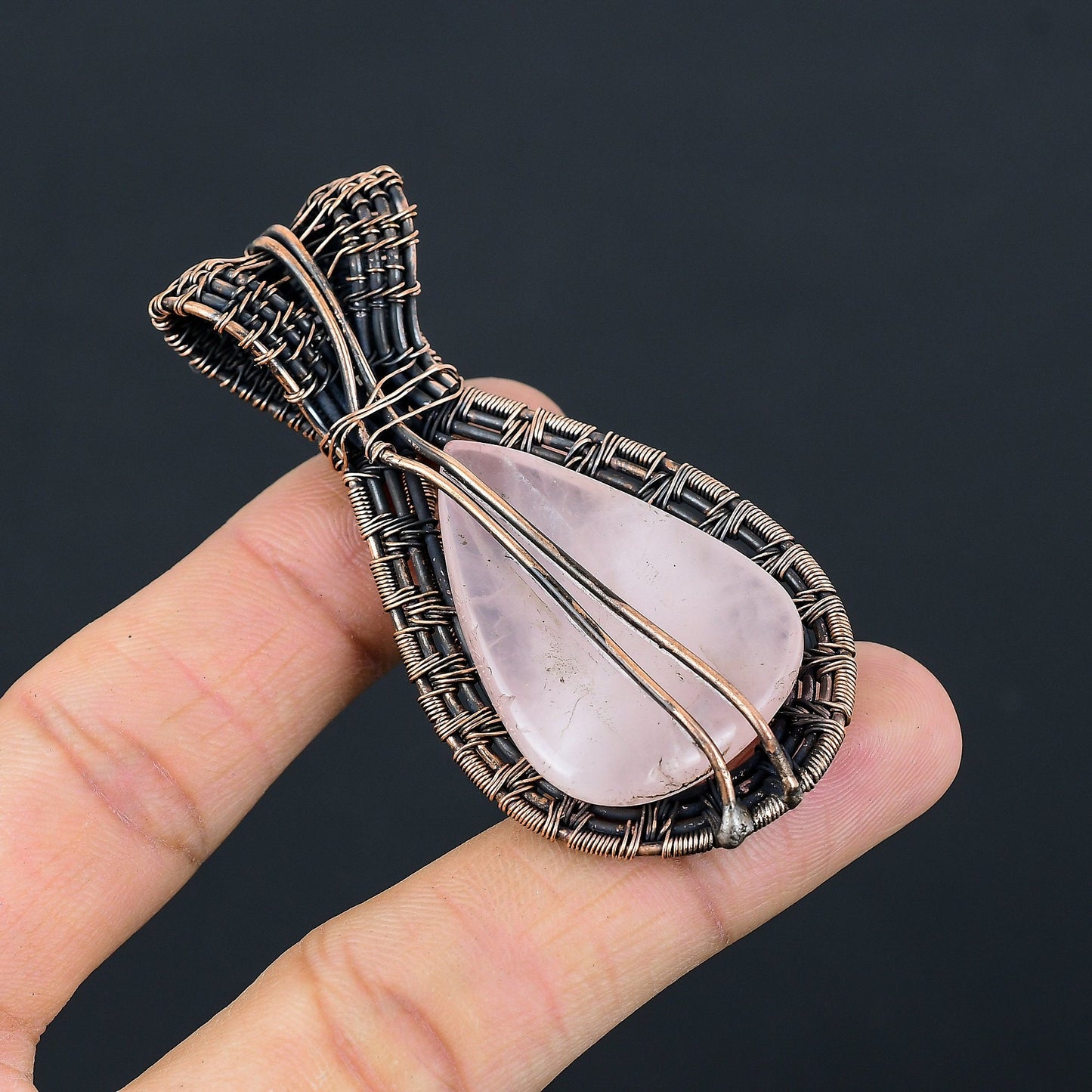 Pink Rose Quartz & Moonstone Gemstone Copper Pendant