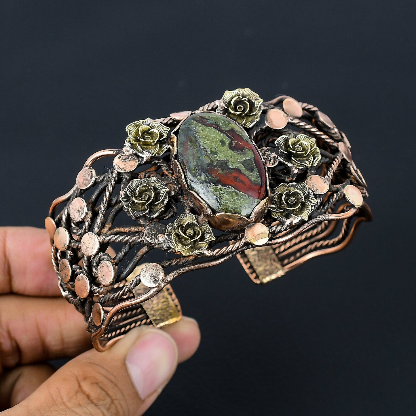 Green-Red Dragon Bloodstone Gemstone Copper Cuff Bracelet