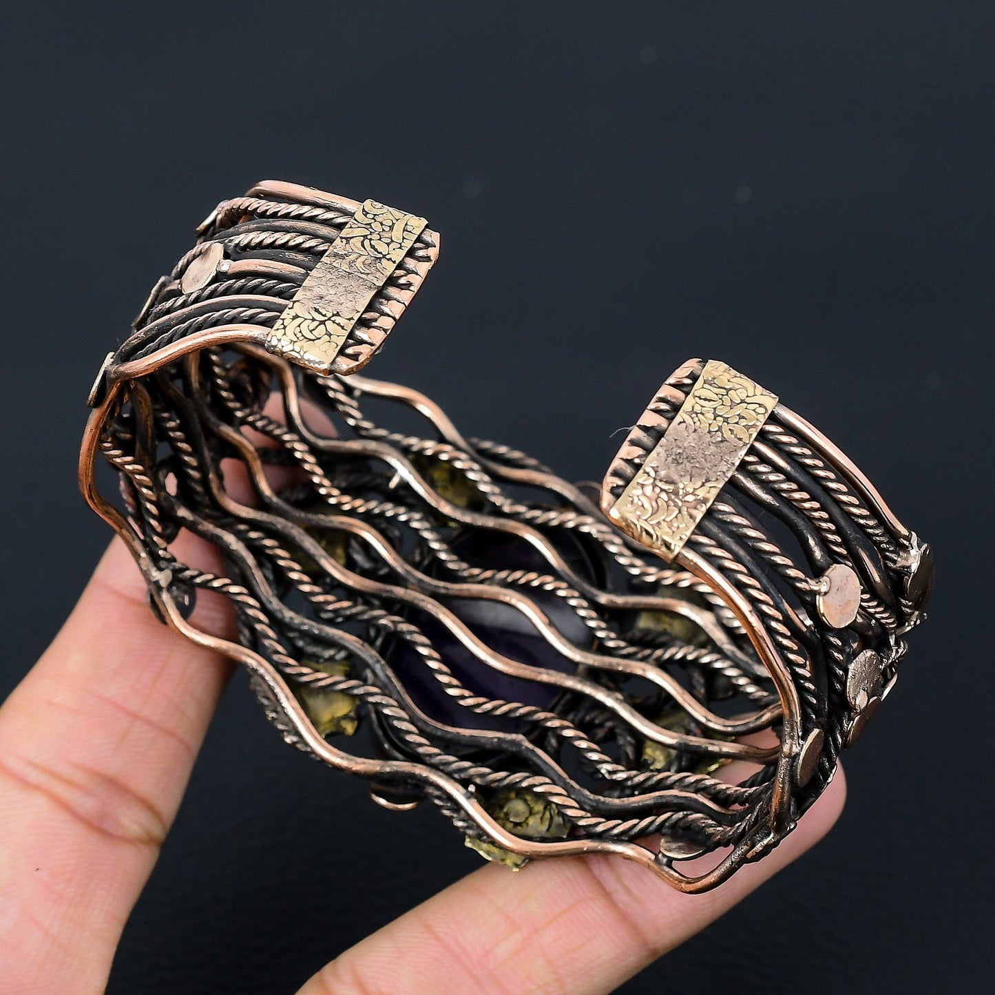 Purple Sage Amethyst Gemstone Copper Wire-Wrapped Bracelet