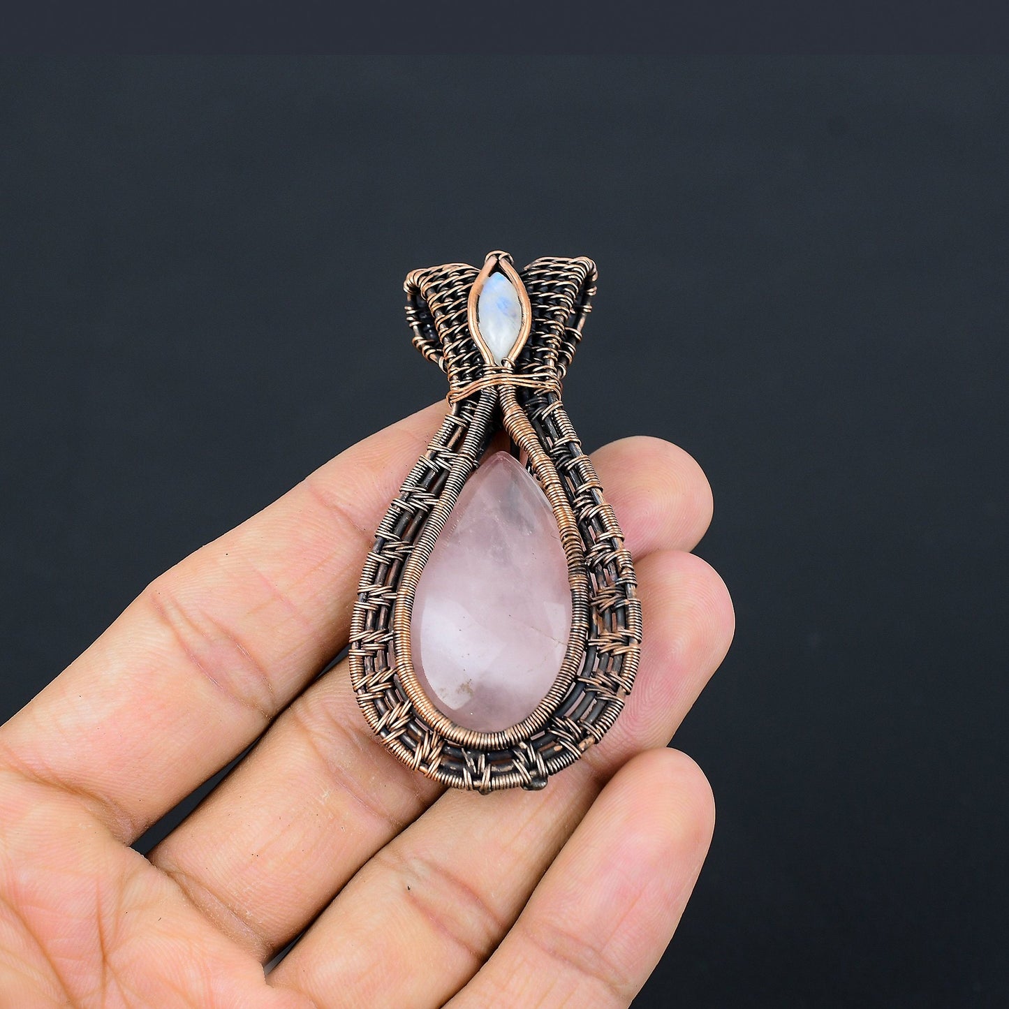 Pink Rose Quartz & Moonstone Gemstone Copper Pendant