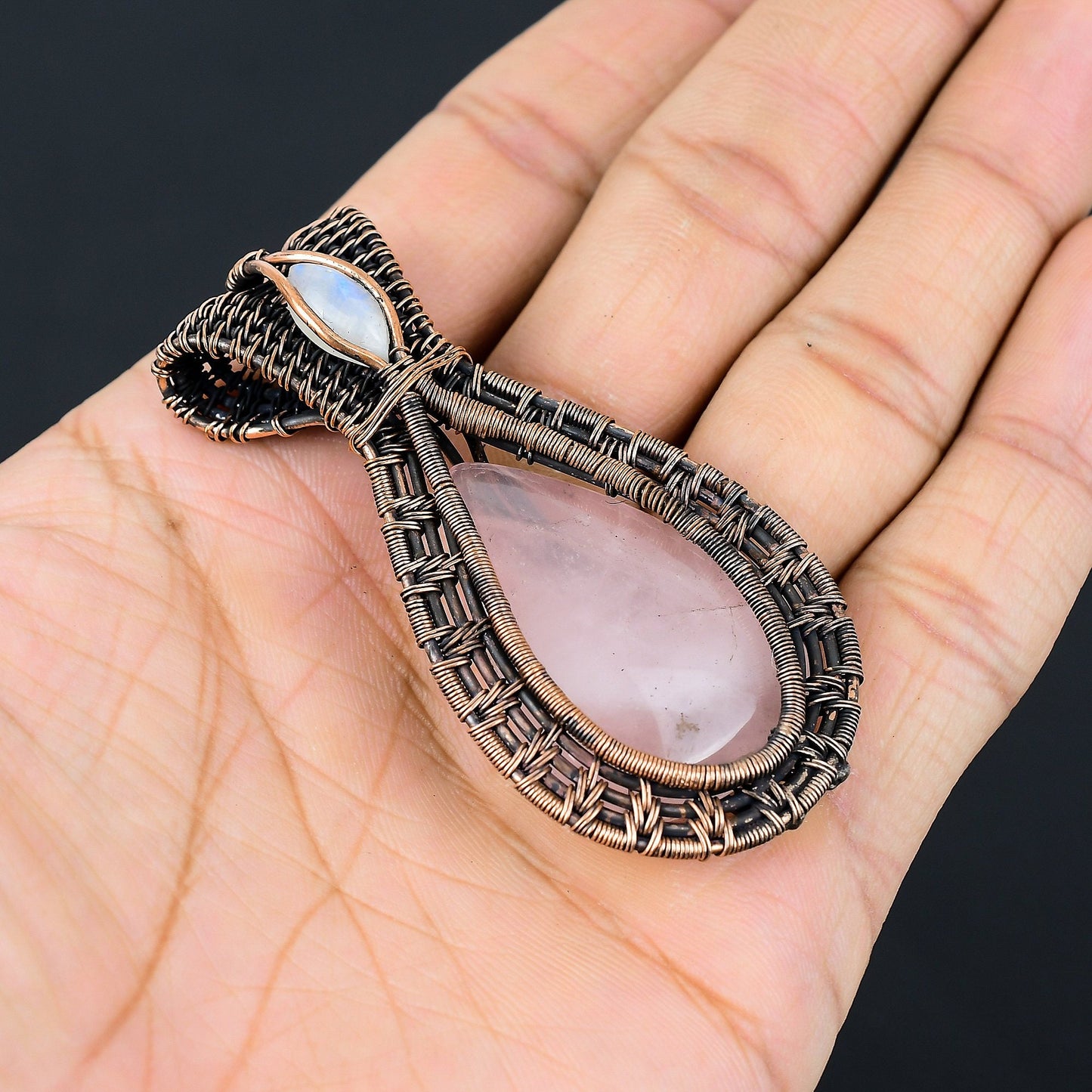 Pink Rose Quartz & Moonstone Gemstone Copper Pendant