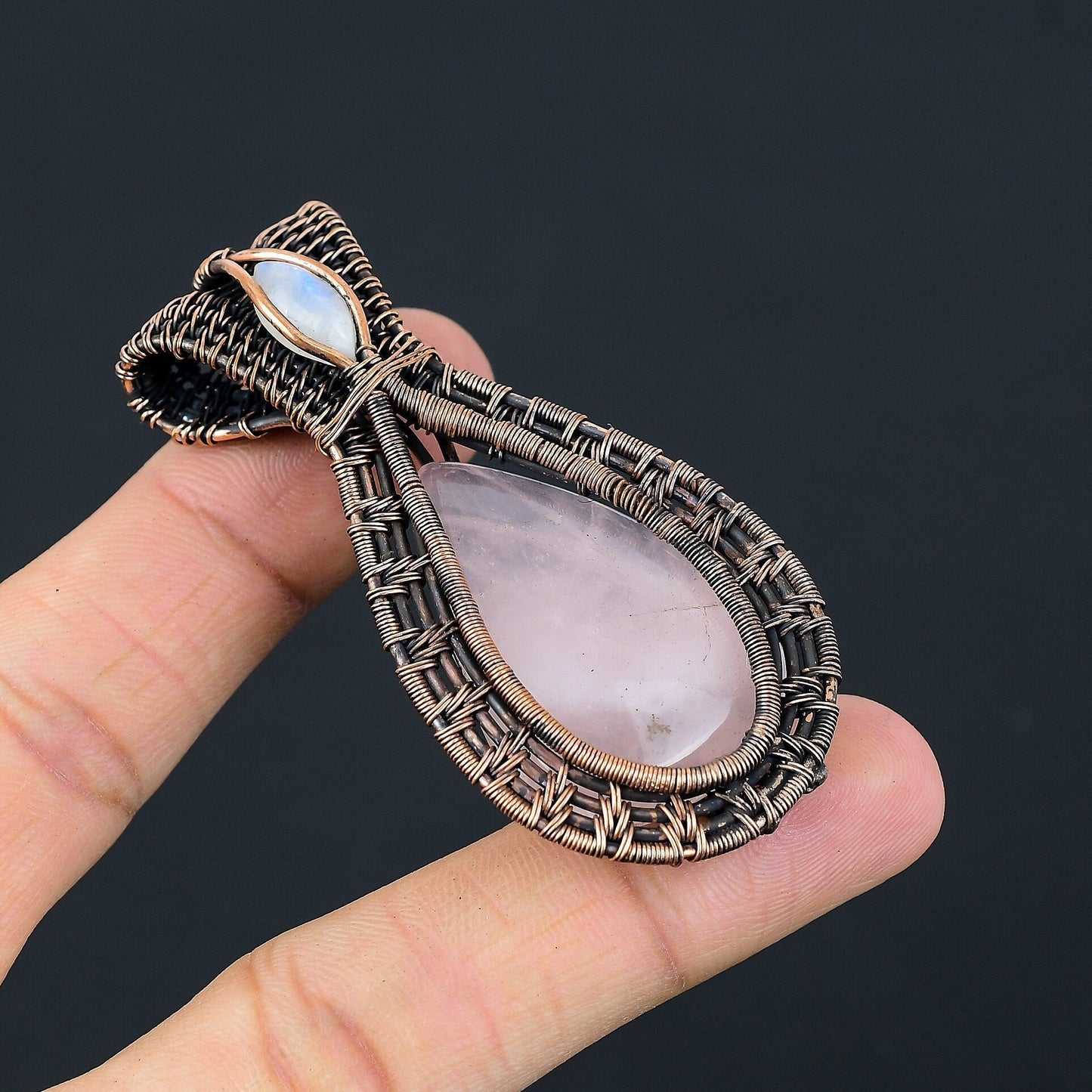 Pink Rose Quartz & Moonstone Gemstone Copper Pendant