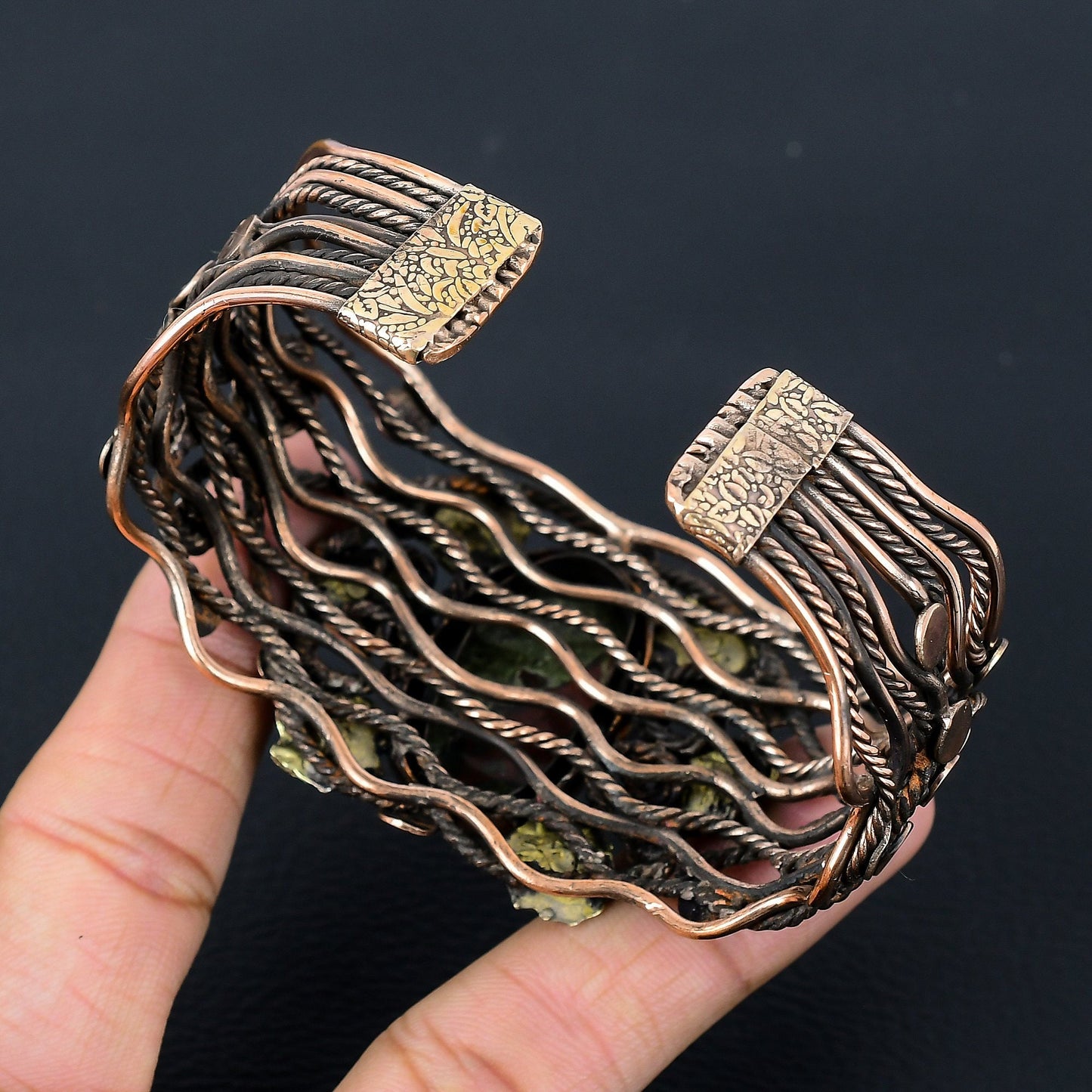 Green-Red Dragon Bloodstone Gemstone Copper Cuff Bracelet