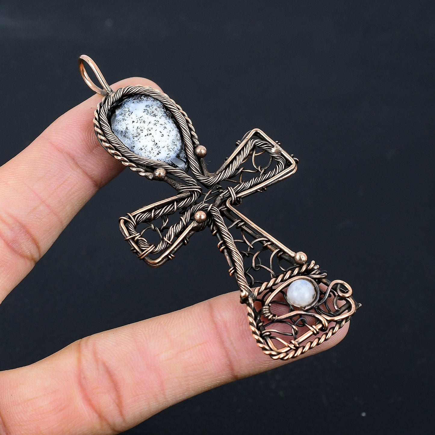 White Dendrite Opal Gemstone Ankh Pendant