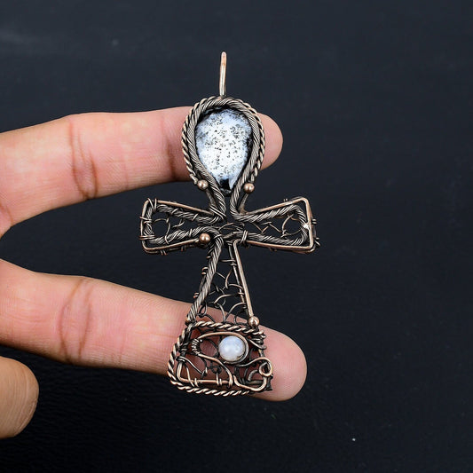 White Dendrite Opal Gemstone Ankh Pendant