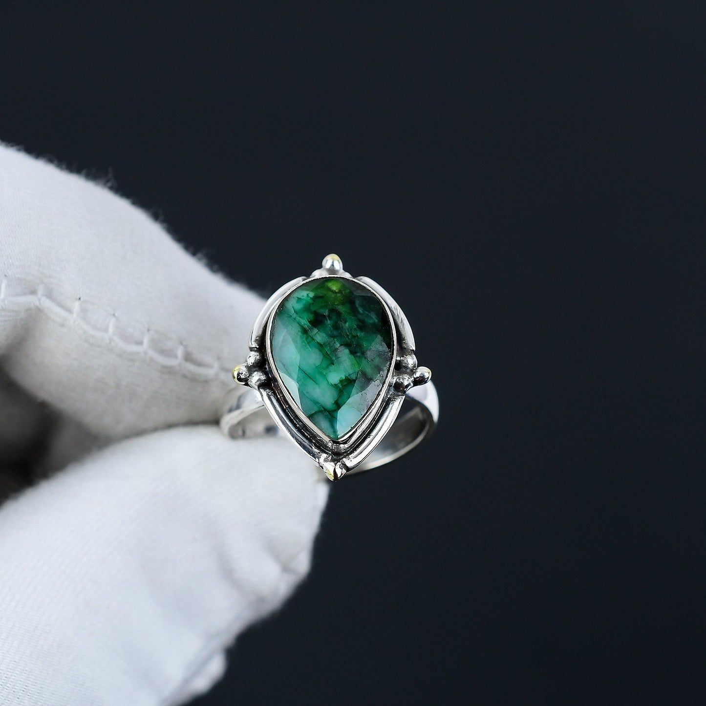 Green Emerald Gemstone Teardrop Ring