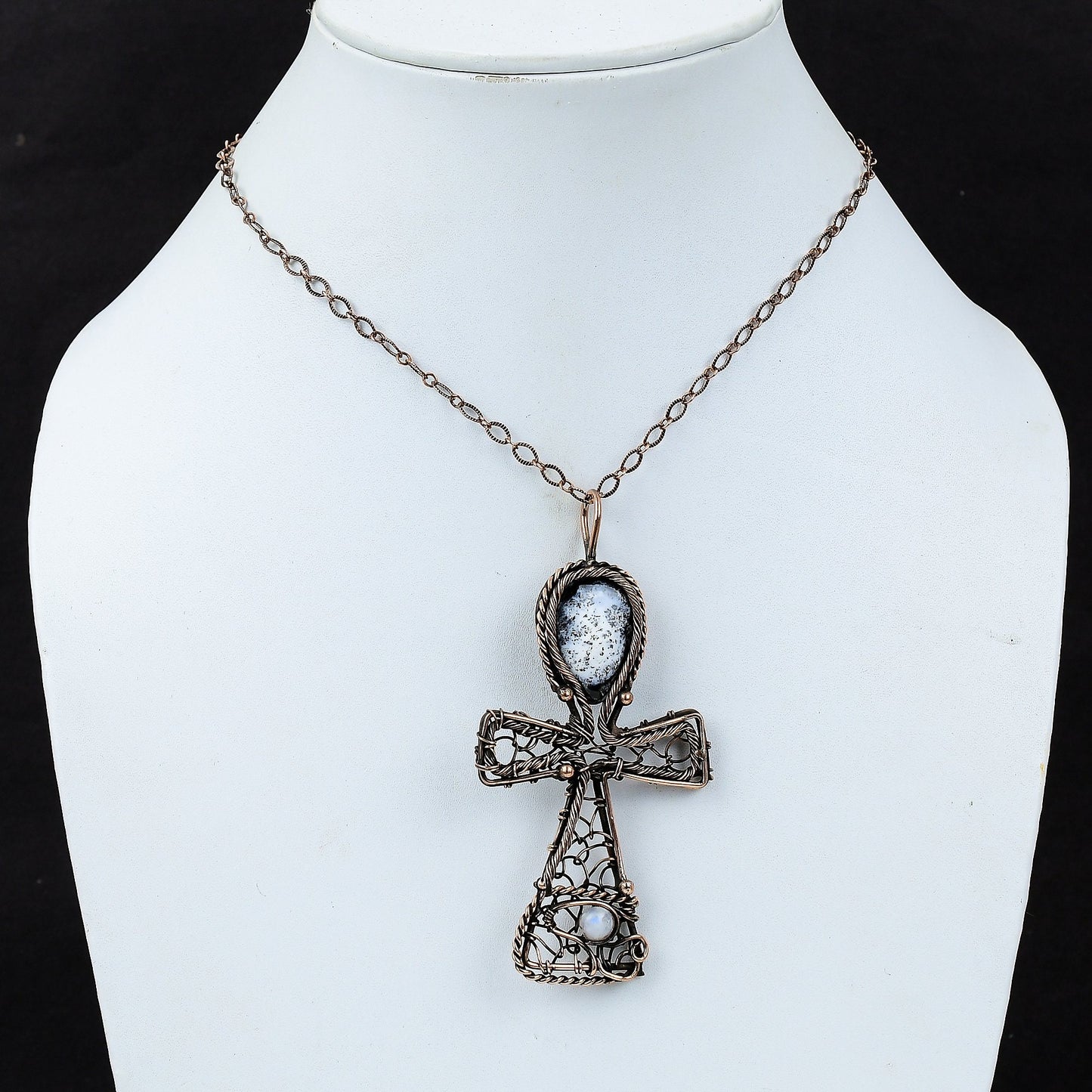 White Dendrite Opal Gemstone Ankh Pendant