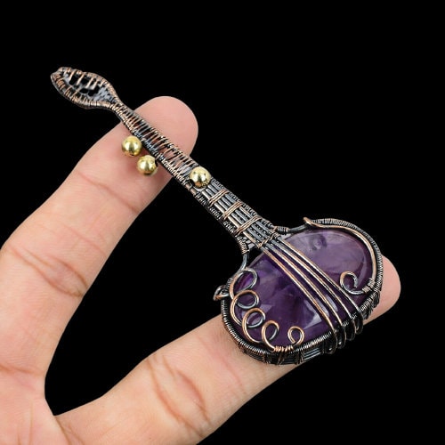Purple Amethyst Gemstone Copper Guitar Pendant