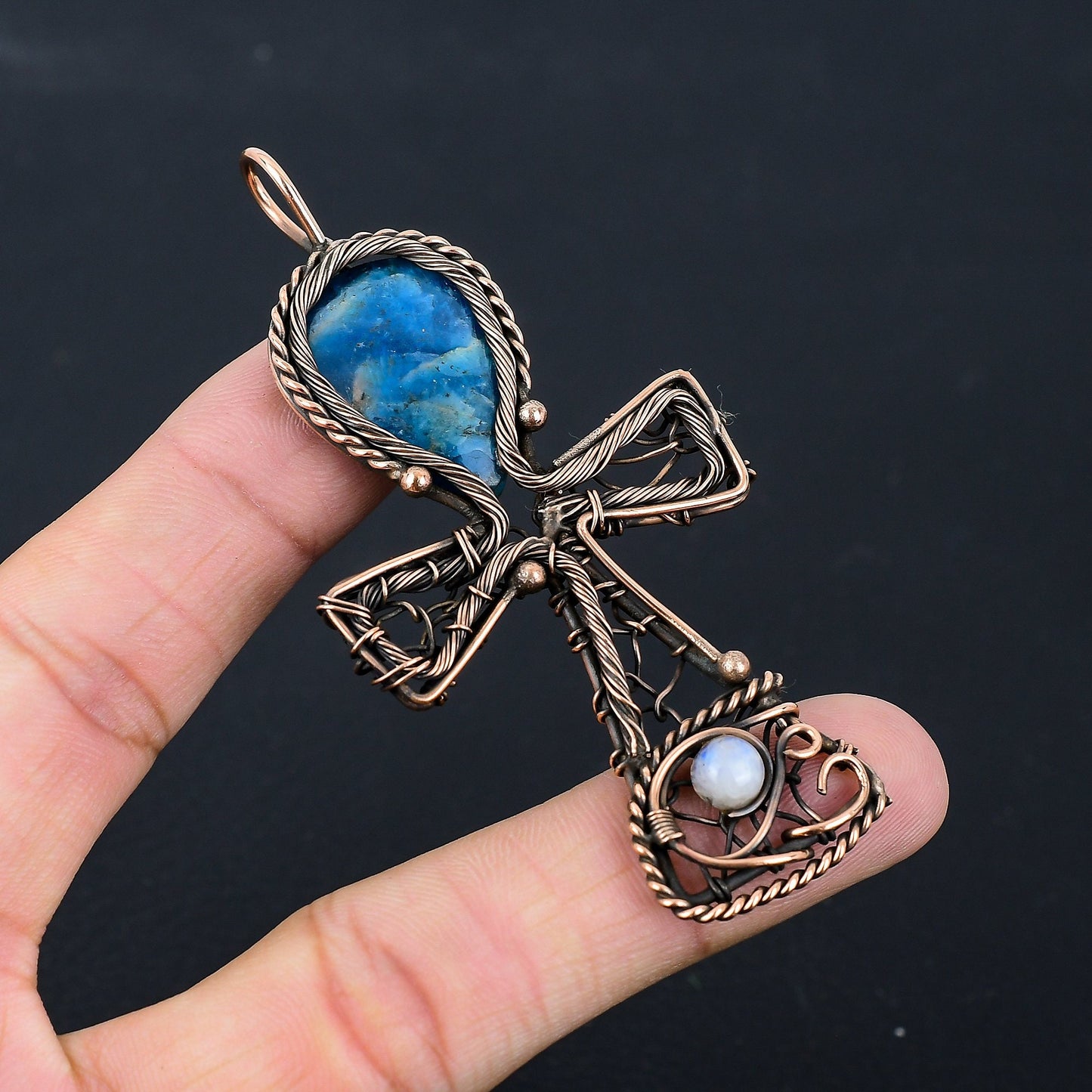 Neon Blue Apatite Gemstone Ankh Pendant