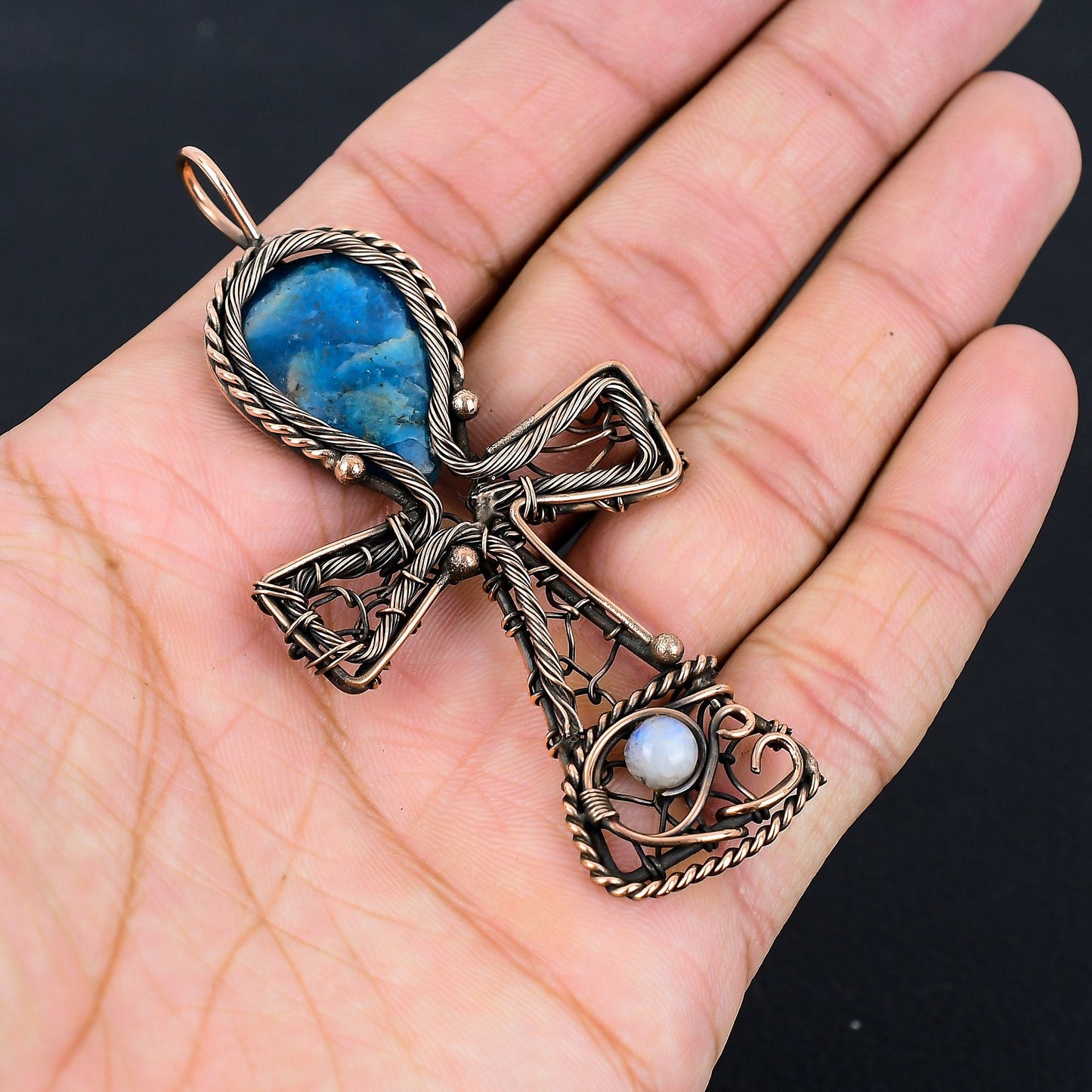 Neon Blue Apatite Gemstone Ankh Pendant