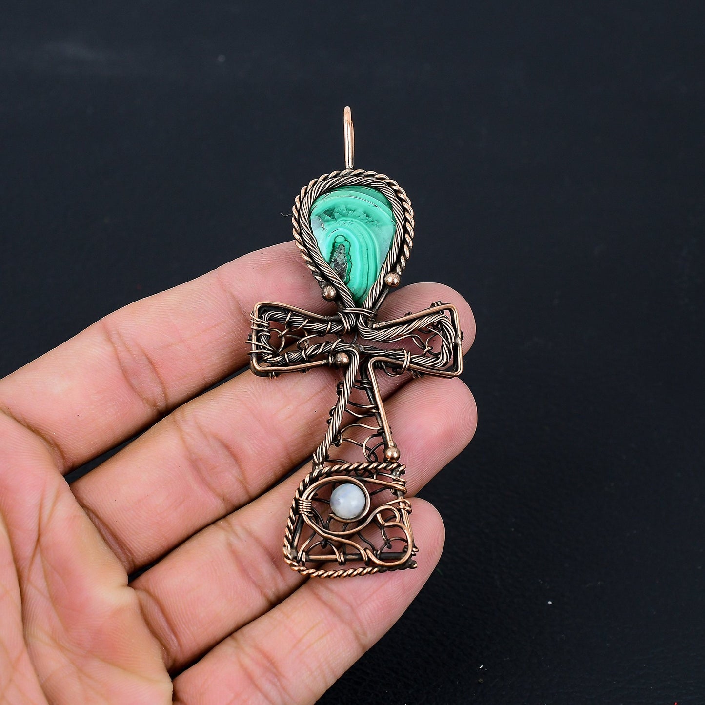 Green Malachite Gemstone Ankh Pendant