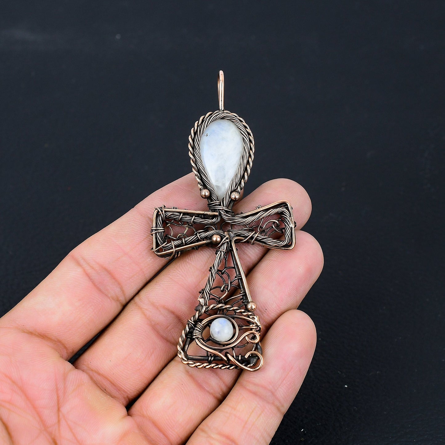 Copper Moonstone Gemstone Ankh Pendant