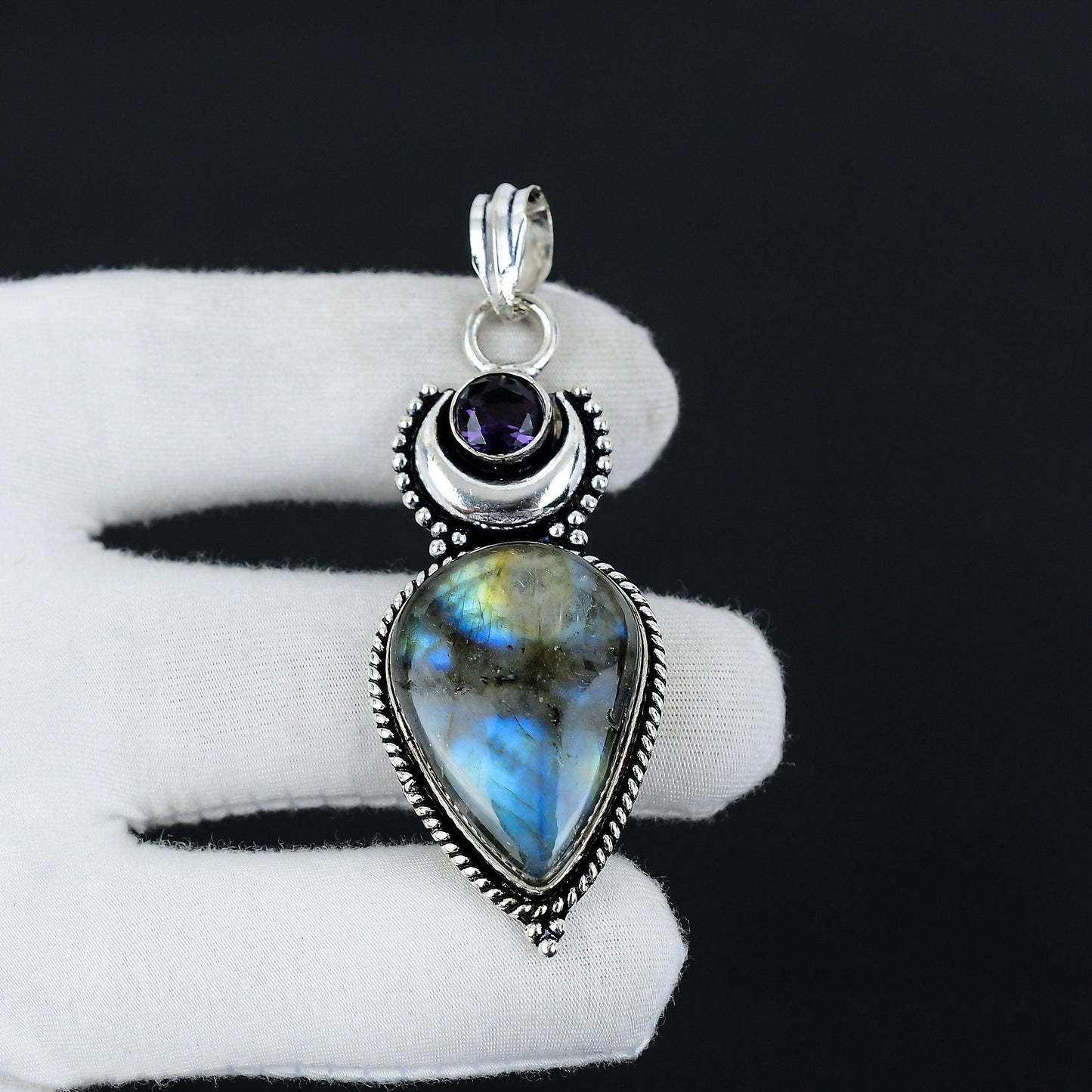 Purple Amethyst and Blue Labradorite Gemstone Pendant