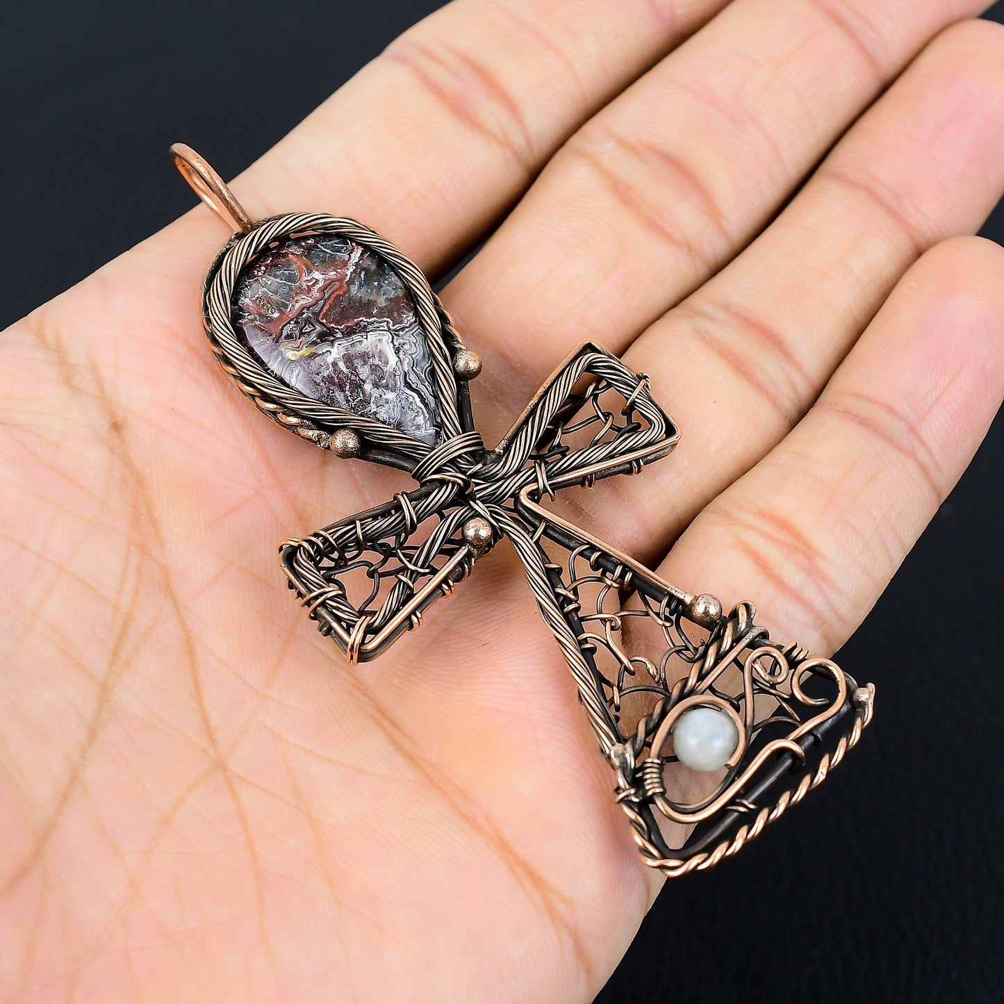 Multicolor Crazy Lace Agate Gemstone Ankh Pendant