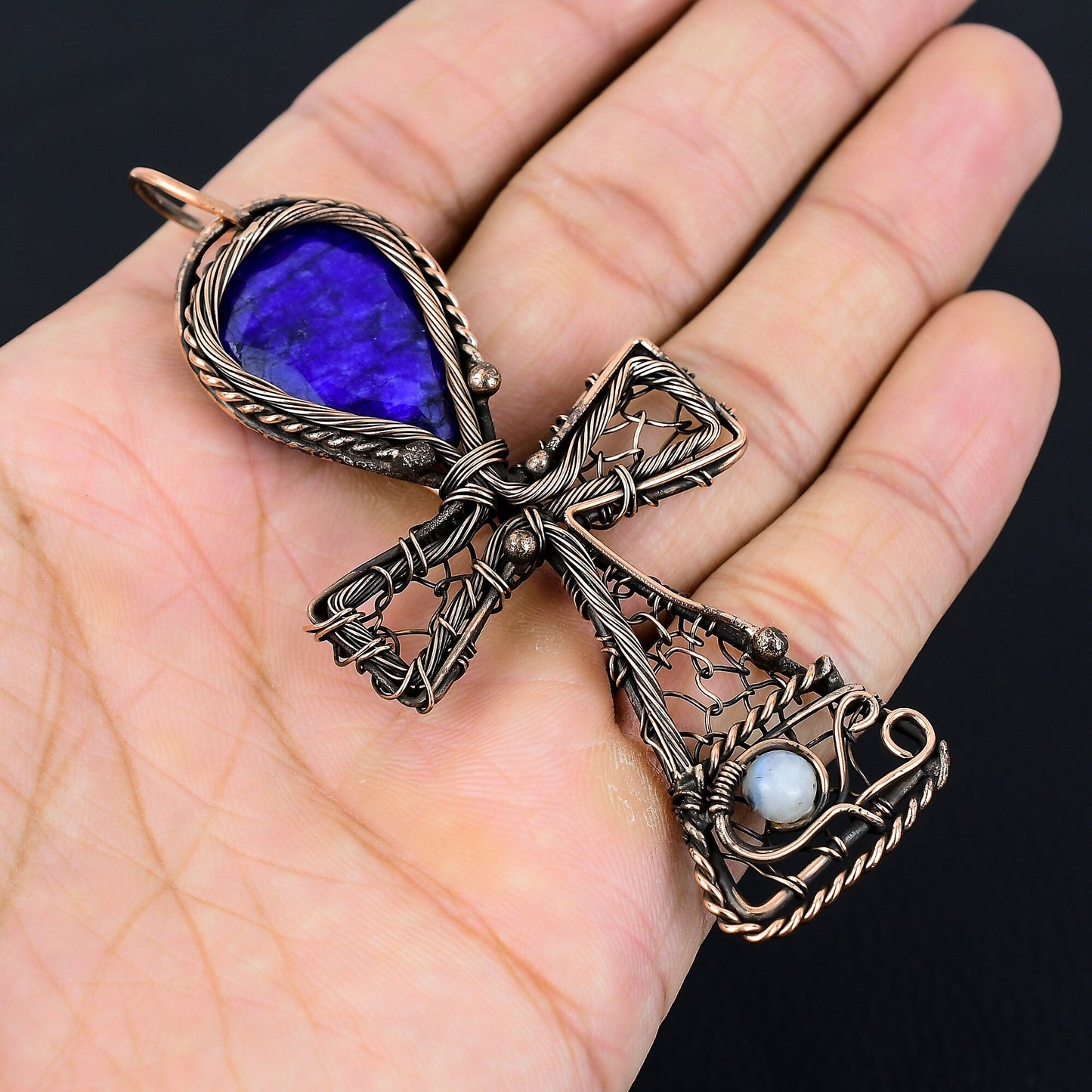 Blue Sapphire Gemstone Ankh Pendant