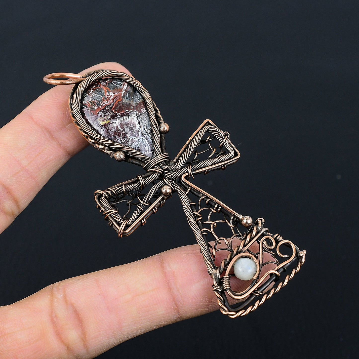 Multicolor Crazy Lace Agate Gemstone Ankh Pendant