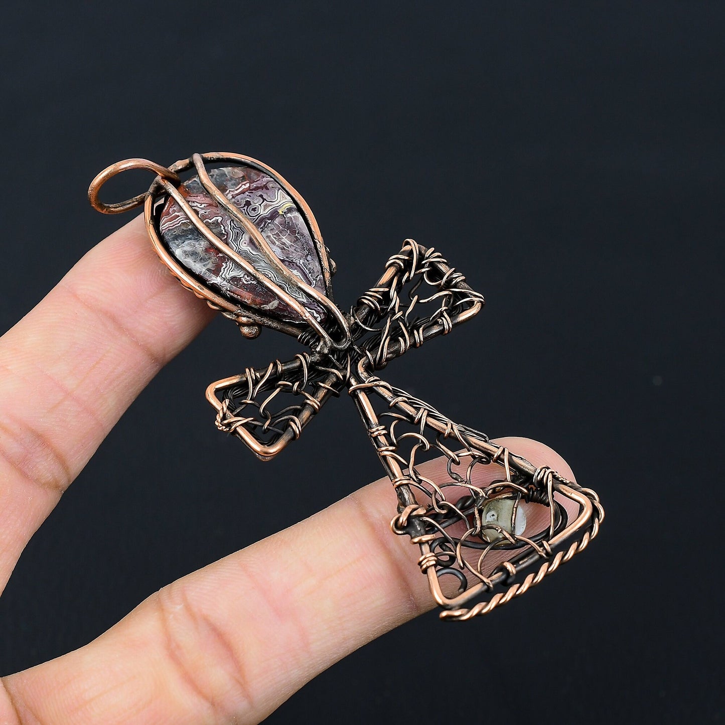 Multicolor Crazy Lace Agate Gemstone Ankh Pendant