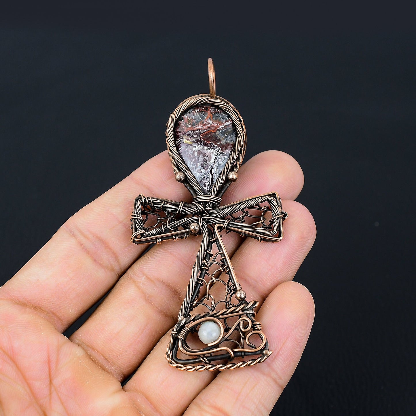 Multicolor Crazy Lace Agate Gemstone Ankh Pendant