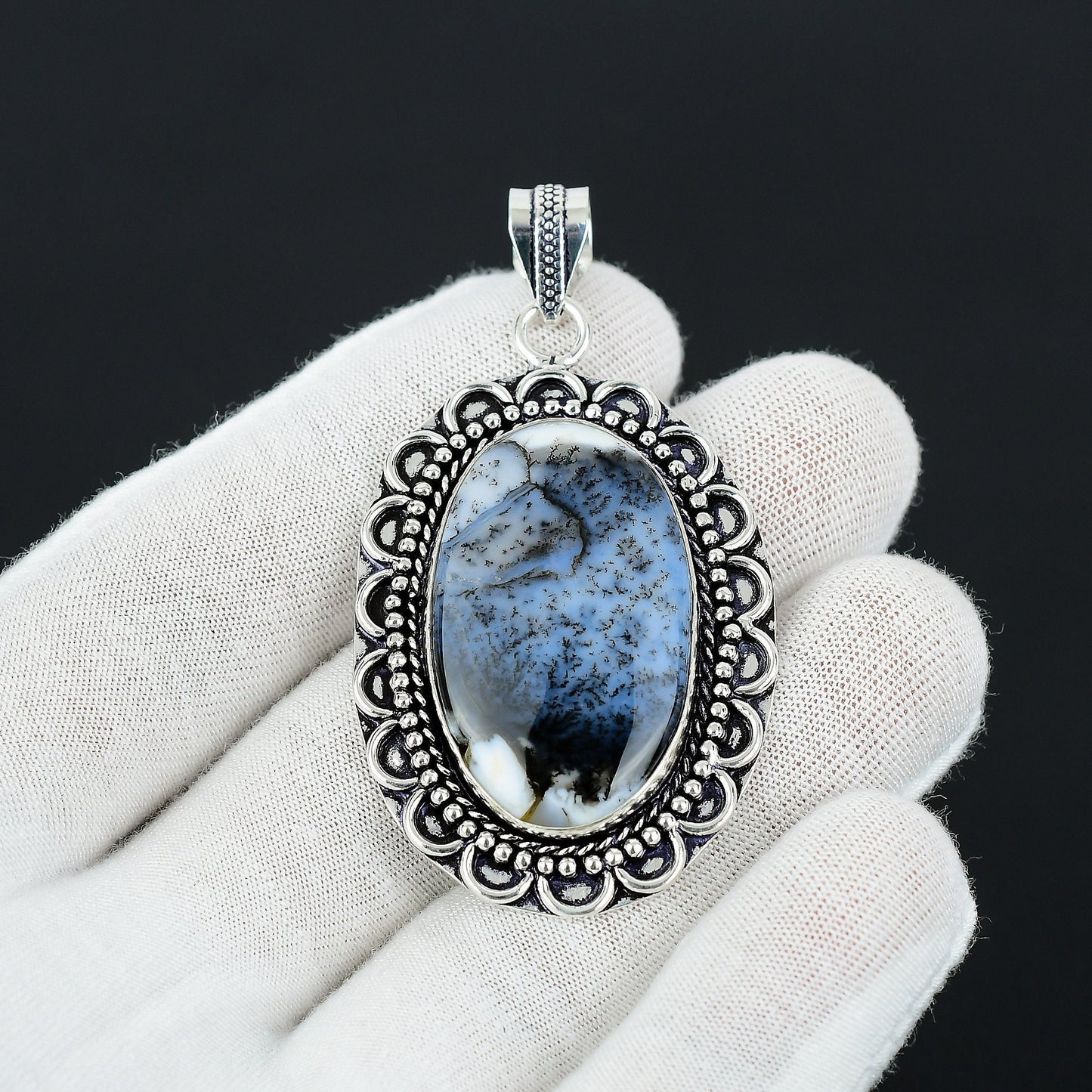 White Dendrite Opal Pendant