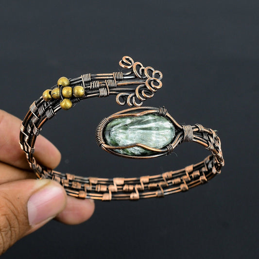 Green Seraphinite Gemstone Copper Cuff Bracelet